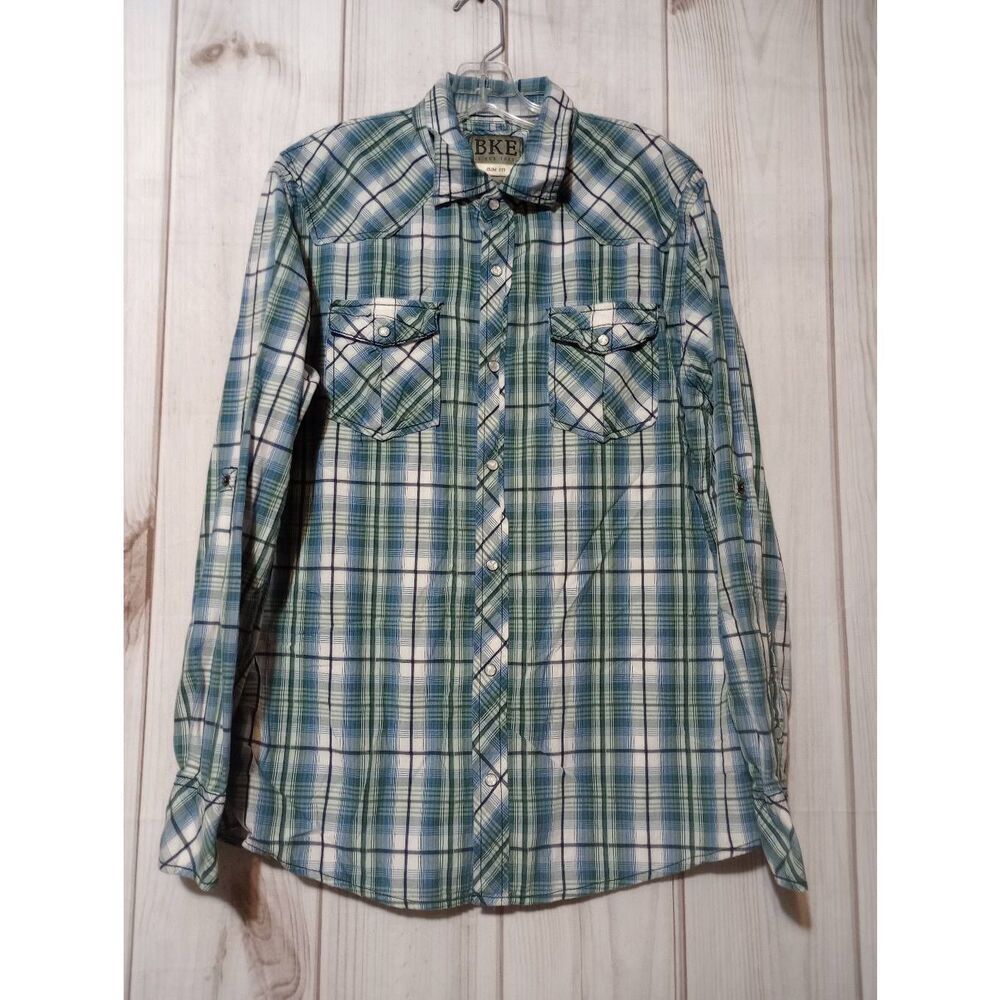 BKE Shirt Men's‎ Large Blue Green Plaid Snap Front Long Sleeve